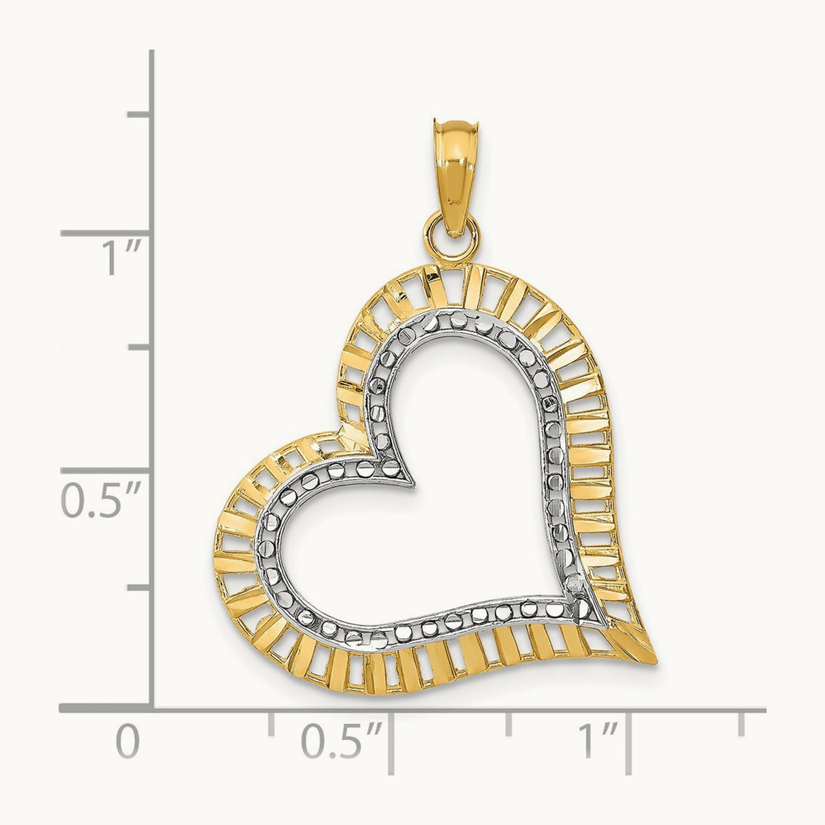 w/ Rhodium Diamond-cut Large Tilted Heart Charm, 14K