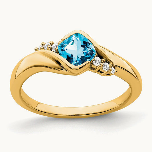 Blue Topaz and Diamond Ring — 14K Yellow Gold, 7