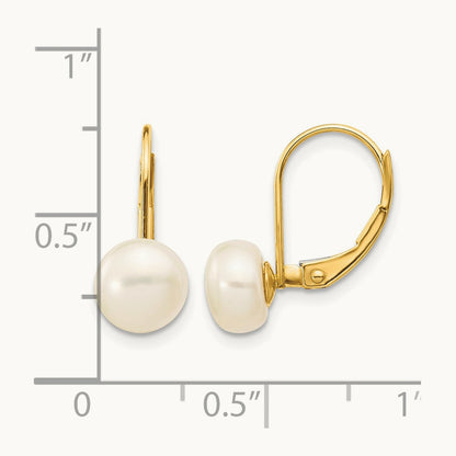 7- White Button Freshwater Cultured Pearl Leverback Earrings, 8mm, 14K