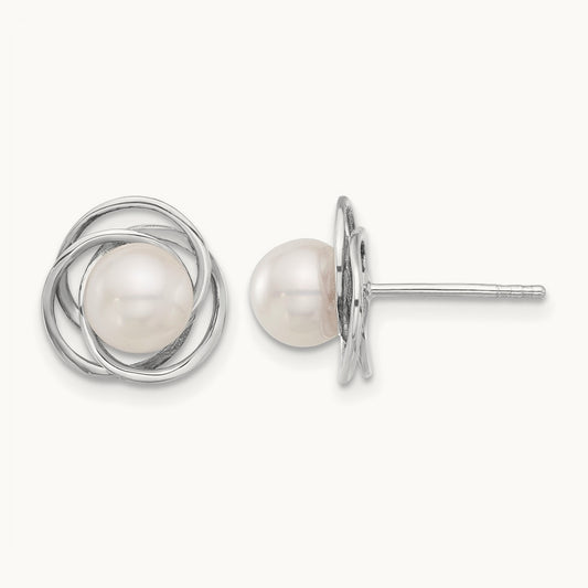 6- Round White Akoya Pearl Post Earrings, 7mm, 14K White Gold