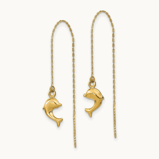 Polished Dolphins Threader Earrings, 14K