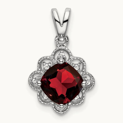Garnet and Diamond Scalloped Pendant, 14K White Gold
