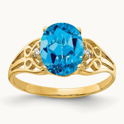 9x7mm Oval Blue Topaz AA Diamond ring, 14K
