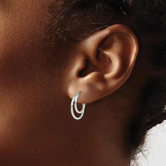 Polished 2 Row Stacked Round Hoop Earrings — 14K White Gold