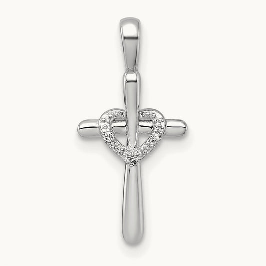 Diamond Cross w/Heart Pendant, 14K White Gold