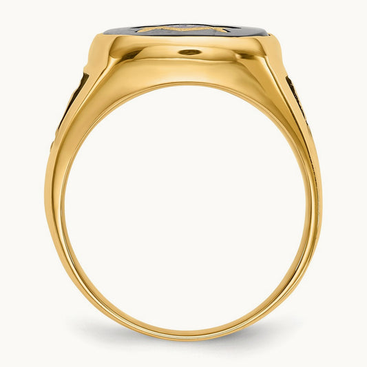 Men's Polished & Textured w/ Black Enamel & Onyx Masonic Ring, 14K