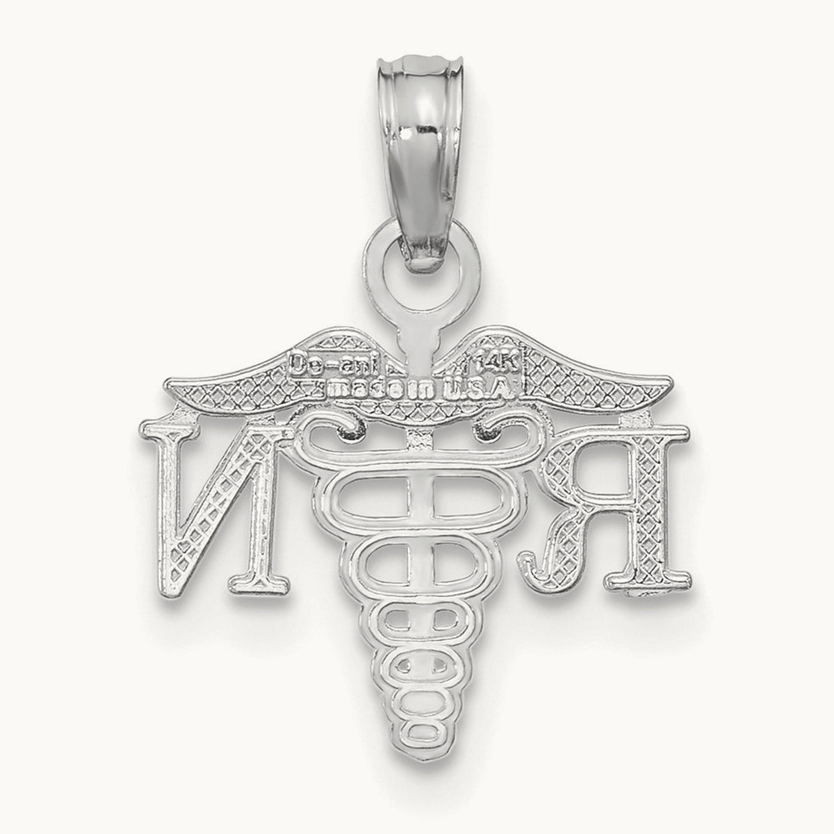 Textured RN Caduceus Charm, 14K White Gold