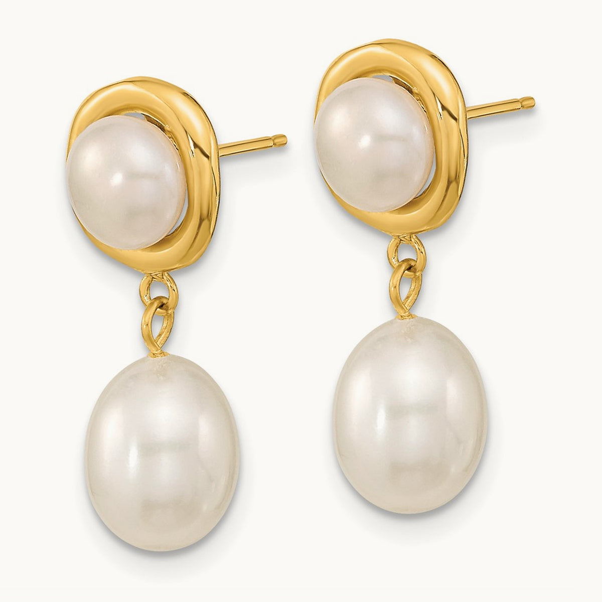 5- White Button/Rice Freshwater Cultured Pearl Dangle Post Earrings, 7mm, 14K