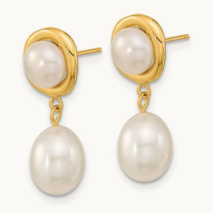 5- White Button/Rice Freshwater Cultured Pearl Dangle Post Earrings, 7mm, 14K