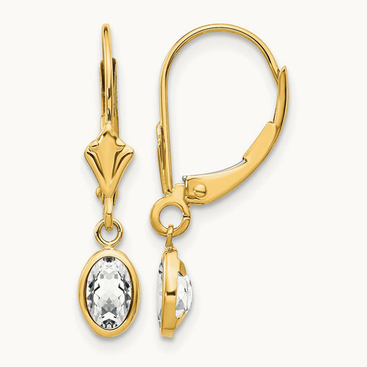 6x4 Oval Bezel April/White Topaz Leverback Earrings, 14K