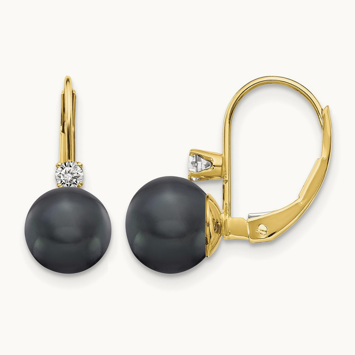 7- Black FW Cultured Pearl AA Diamond Leverback Earrings, 8mm, 14K