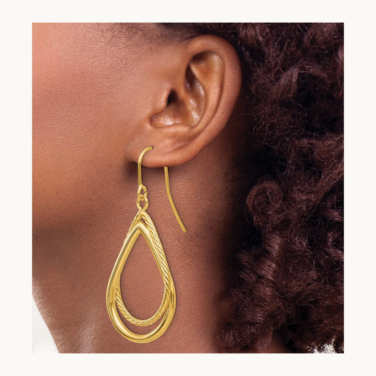 Polished and Textured Teardrop Shepherd Hook Earrings — 14K Yellow Gold
