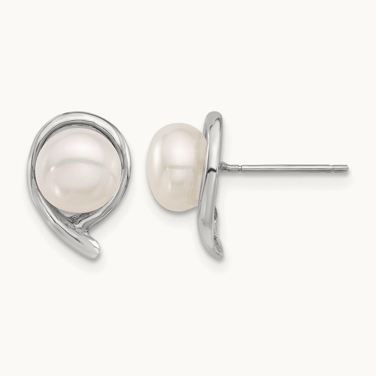 7- Button White FWC Pearl Post Earrings, 8mm, 14K White Gold