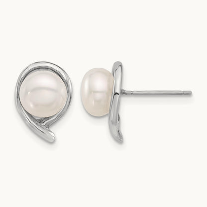7- Button White FWC Pearl Post Earrings, 8mm, 14K White Gold