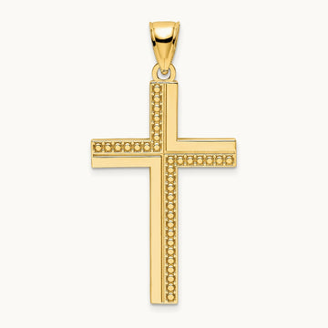 Polished Beaded Cross Pendant, 14K