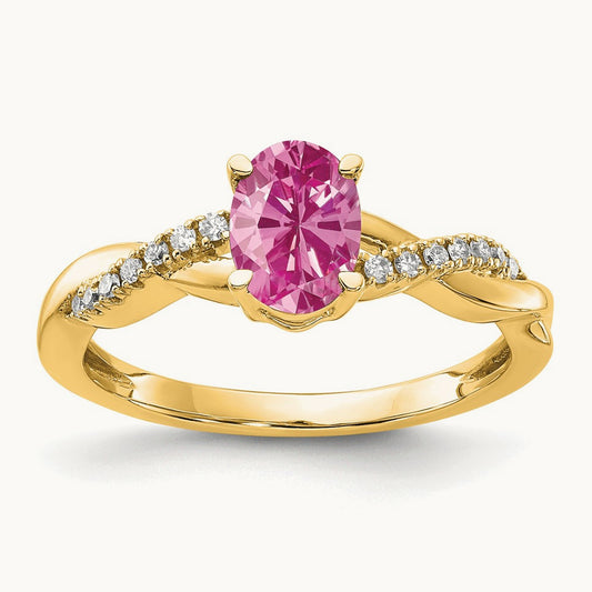 Oval Created Pink Sapphire and Lab-Grown Diamond Ring — 14K Yellow Gold, 7