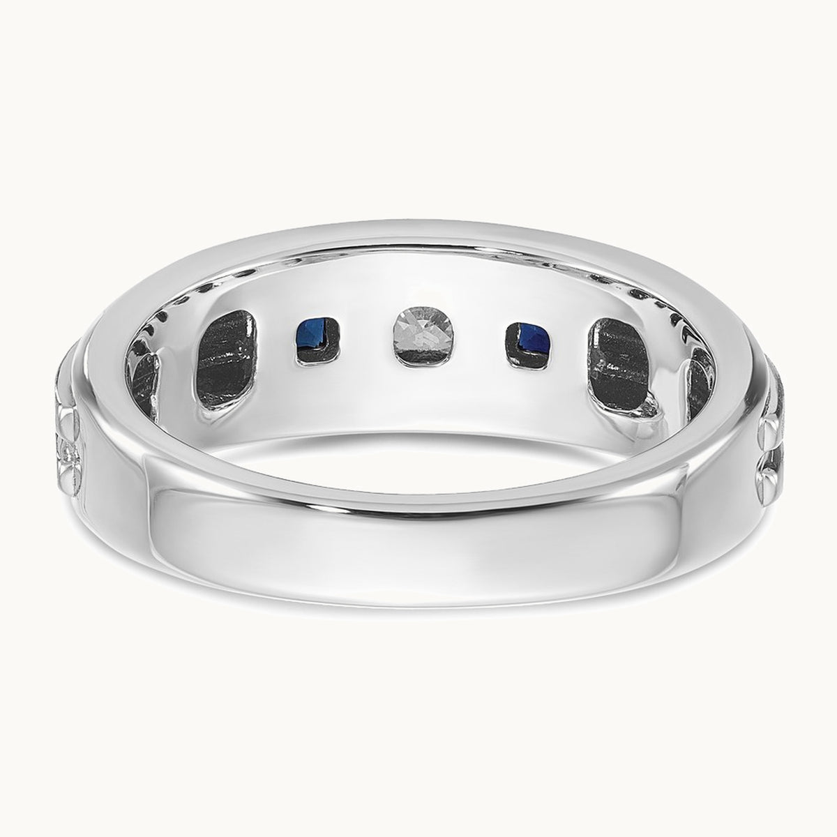 IBGoodman 14K White Gold Men's Polished Satin and Grooved Square 1/6 Carat AA Quality Diamond and Lab Created Sapphire 3-Stone Ring