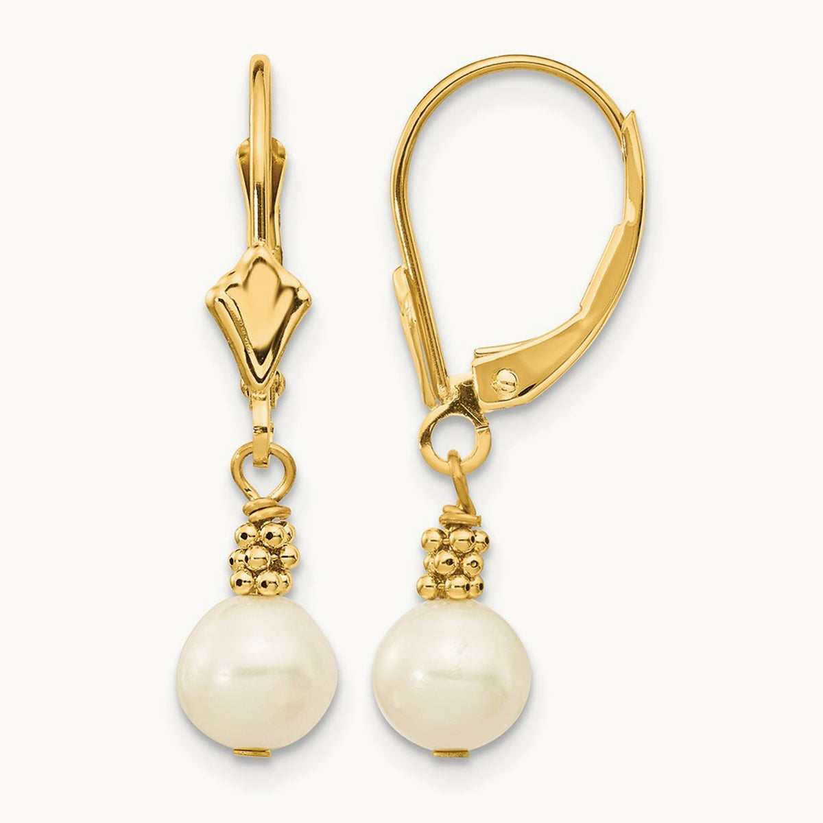 5- White Semi-round Freshwater Cultured Pearl Leverback Earrings, 6mm, 14K