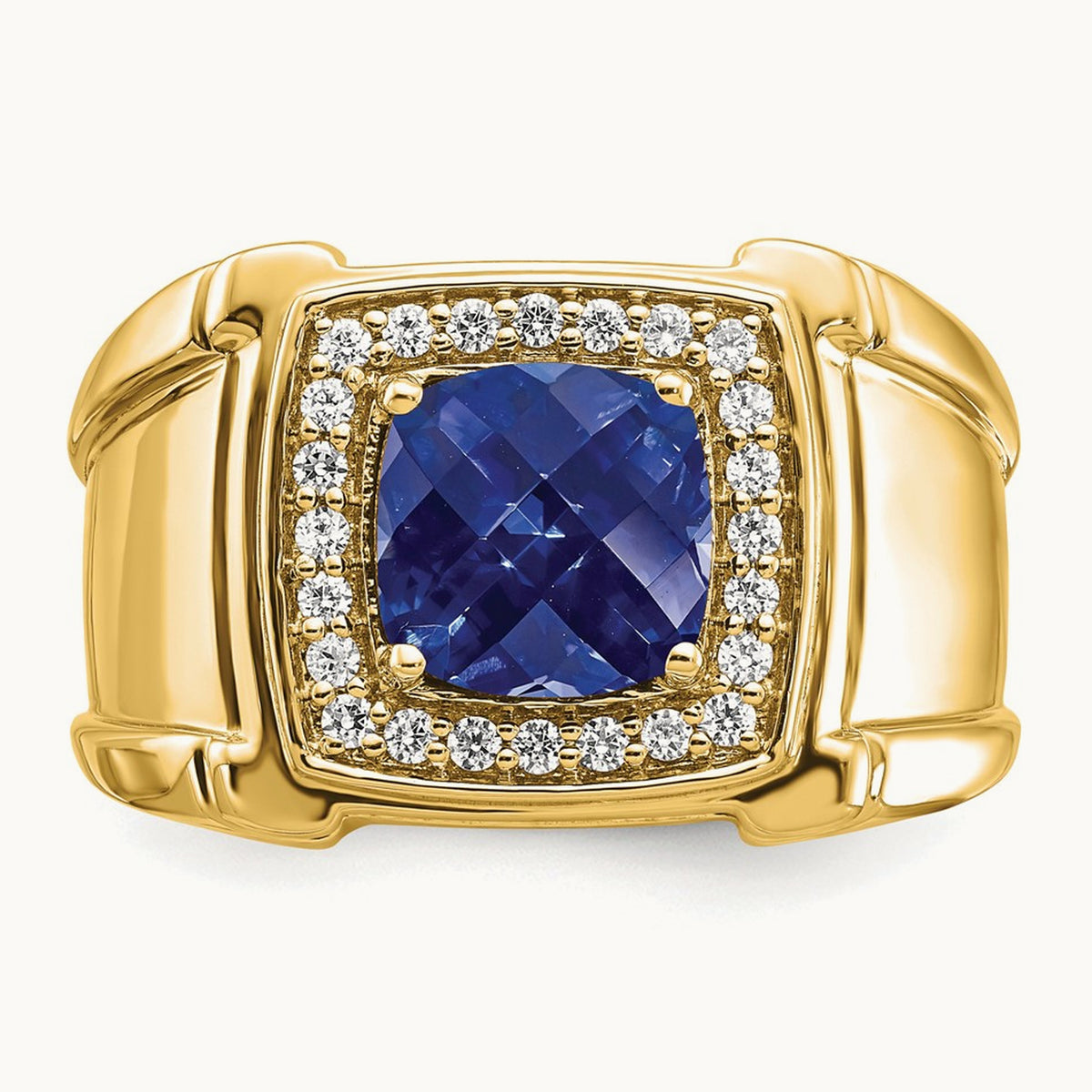 Created Checkerboard Sapphire and Diamond Mens Ring, 14K