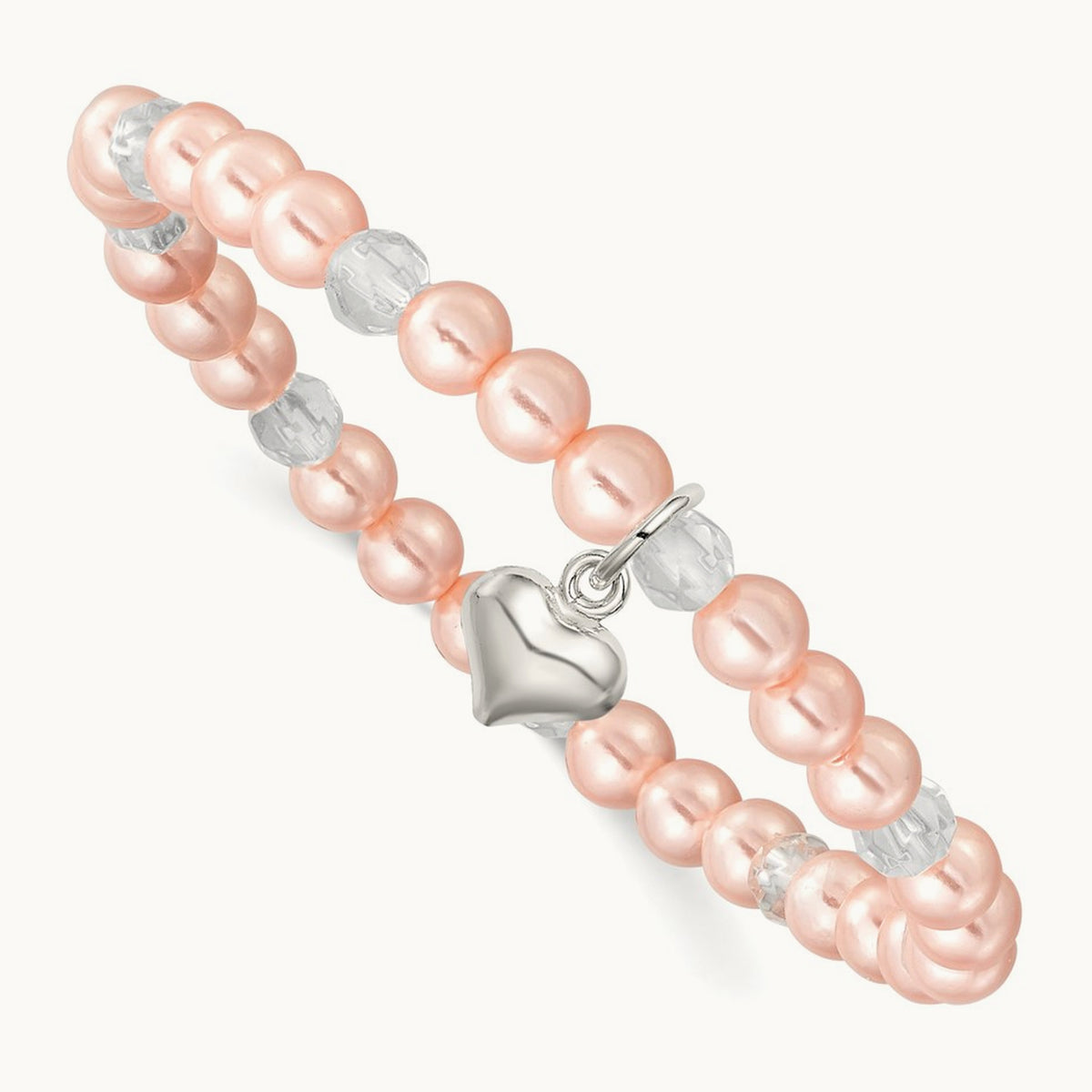 Heart Pink Shell Bead & Crystal Stretch Bracelet w/Pouch, Sterling Silver