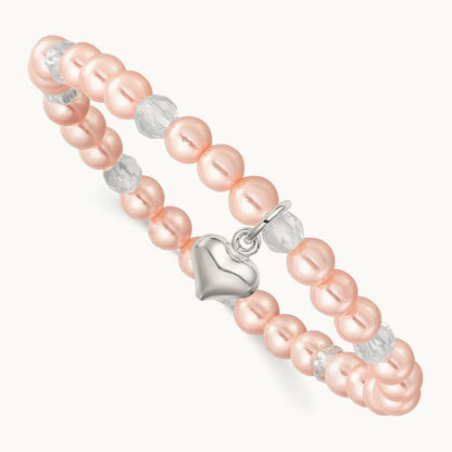 Heart Pink Shell Bead & Crystal Stretch Bracelet w/Pouch, Sterling Silver