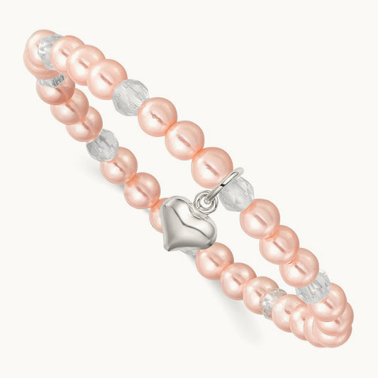 Heart Pink Shell Bead & Crystal Stretch Bracelet w/Pouch, Sterling Silver
