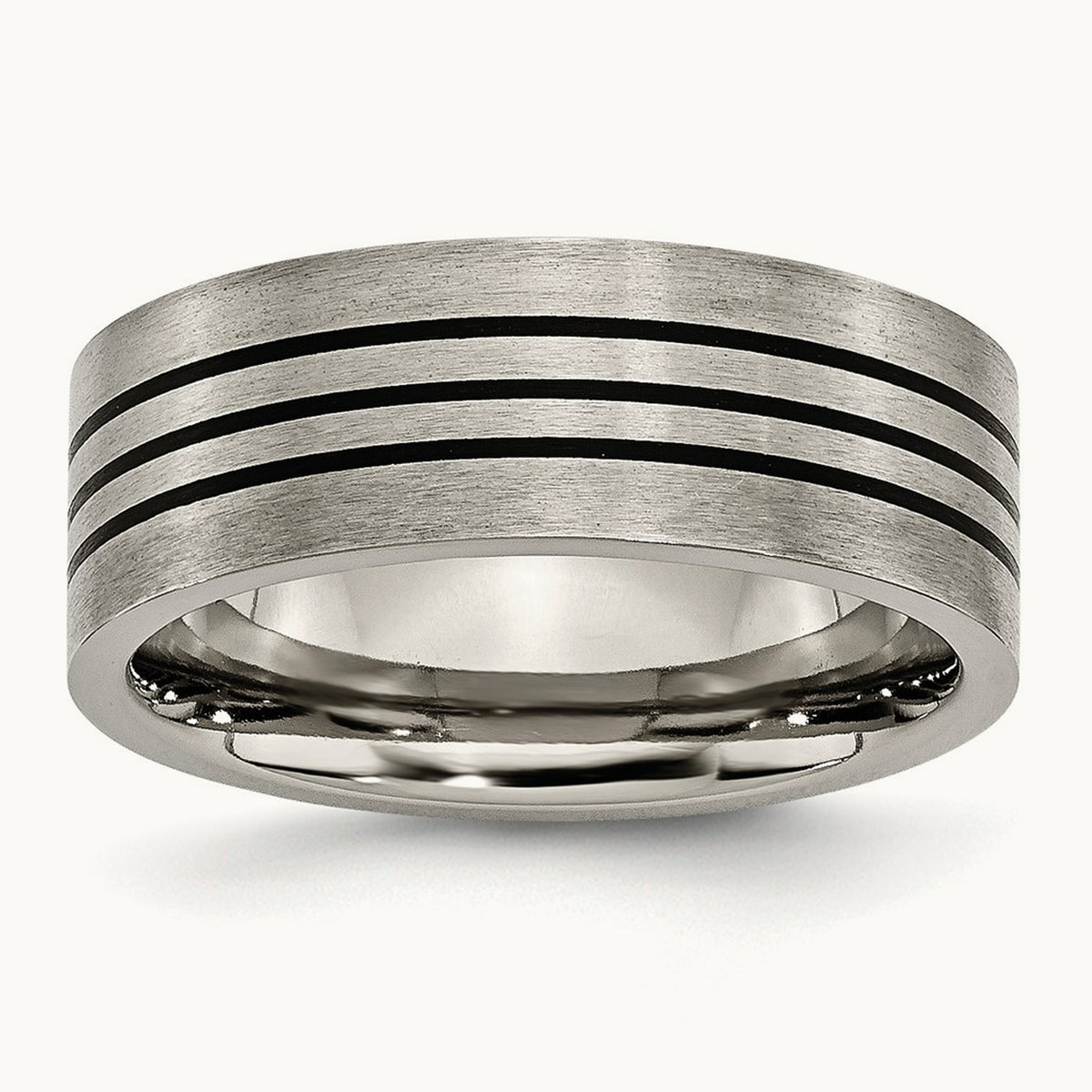 Satin and Polished Black Enamel Striped Flat Band, 8mm, Titanium