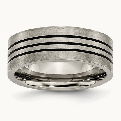 Satin and Polished Black Enamel Striped Flat Band, 8mm, Titanium