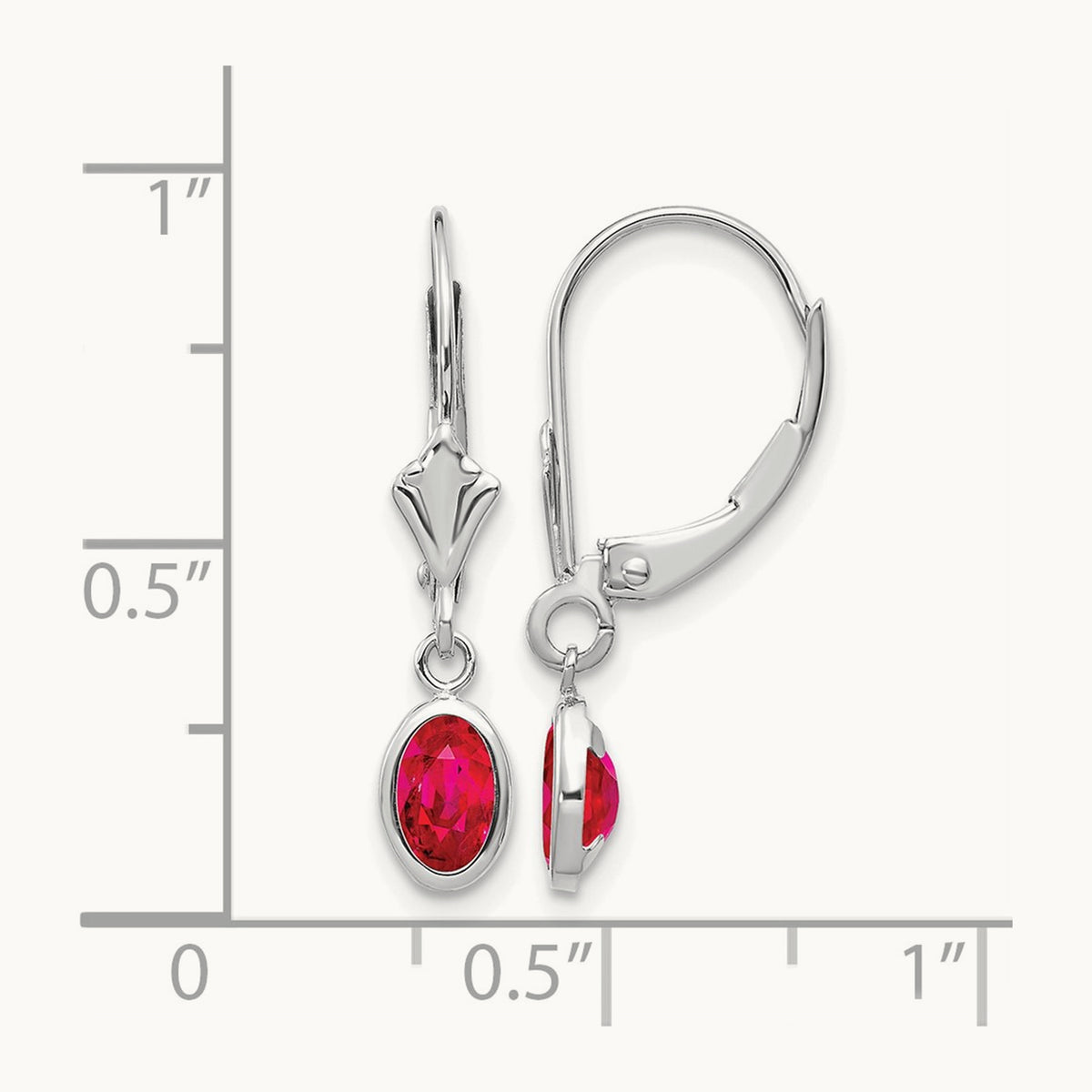 6x4 Oval Bezel July/Ruby Leverback Earrings — 14K White Gold