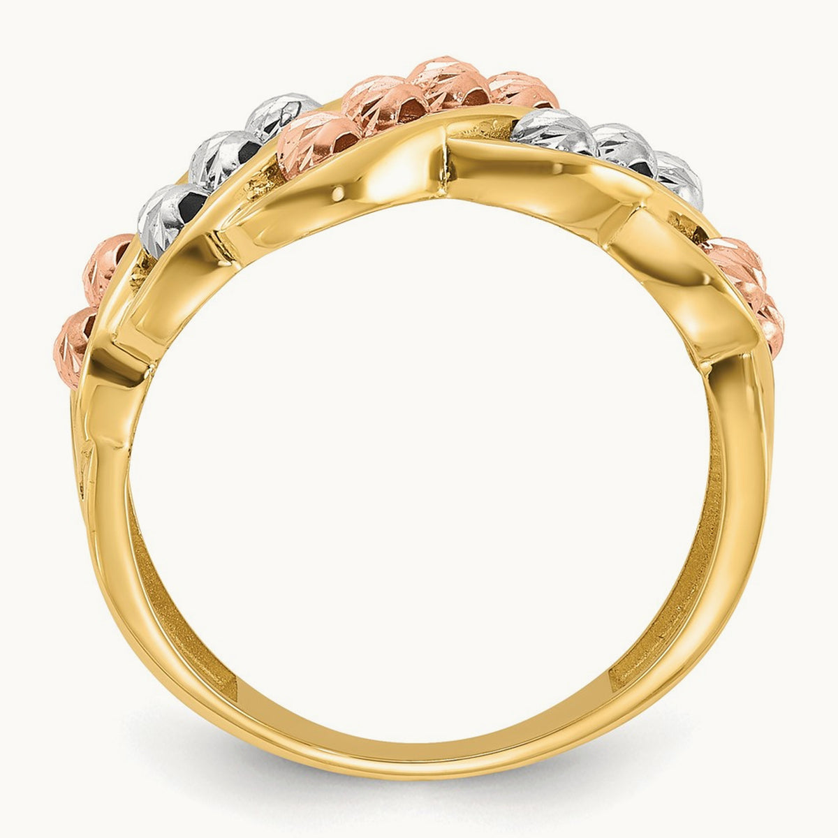 Tri-color Polished and Diamond-cut Beads Fashion Ring, 14K