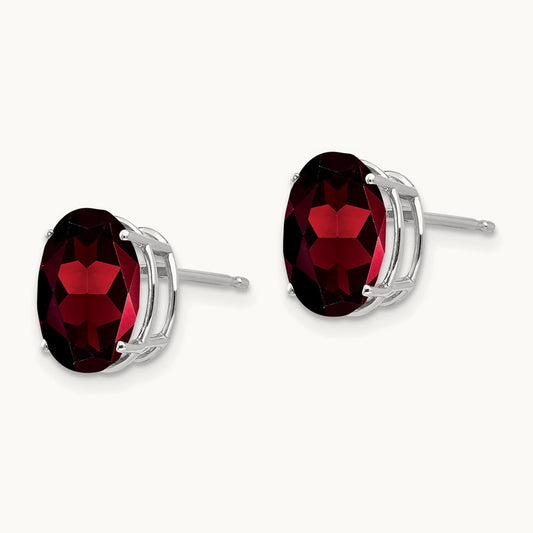 Garnet Oval Stud Earrings, 14K White Gold