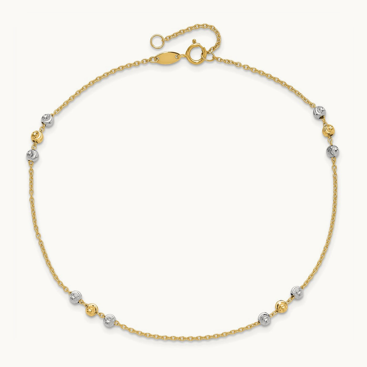 Polished Diamond-cut Beaded 9in Plus 1 in ext. Anklet, 14K Two-tone