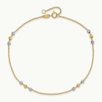 Polished Diamond-cut Beaded 9in Plus 1 in ext. Anklet, 14K Two-tone