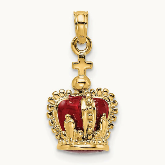 3-D w/ Red Enamel Inside Crown w/ Cross On top Charm, 14K
