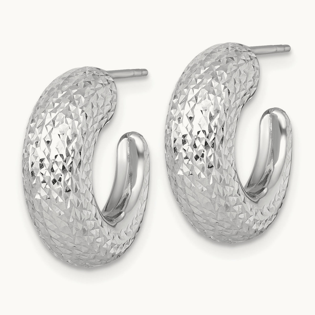 Polished Diamond-cut Post Hoop Earrings — 14K White Gold