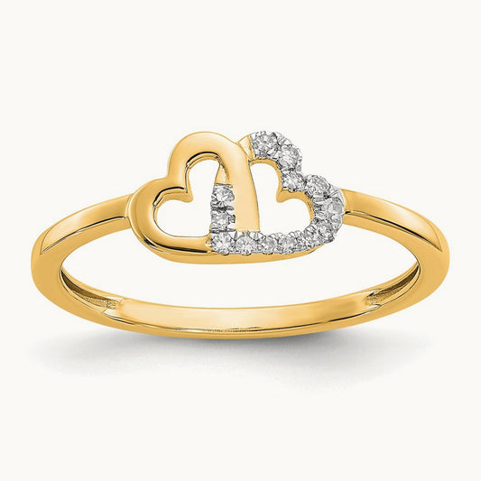Diamond Double Heart Ring — 14K Yellow Gold, 7