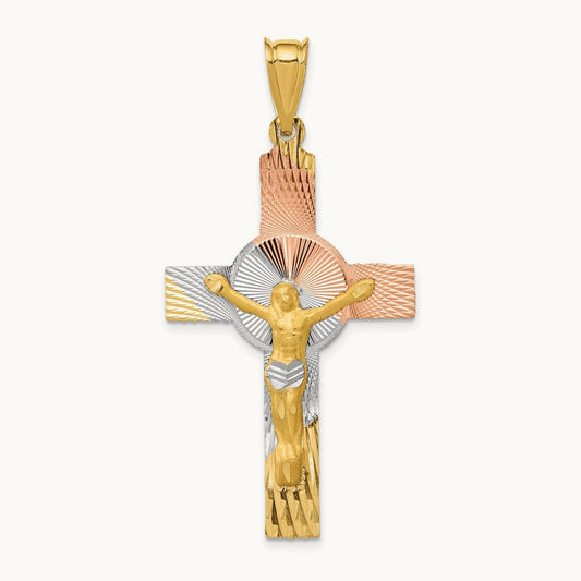 w/Rose and White Rhodium Iona Crucifix Cross Pendant, 14K