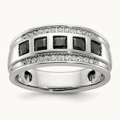 IBGoodman Men's Grooved Square Black & White Diamond Ring, 14K White Gold