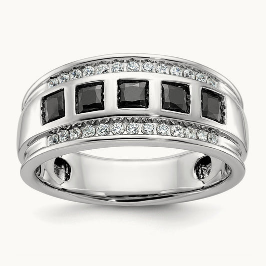 IBGoodman Men's Grooved Square Black & White Diamond Ring, 14K White Gold