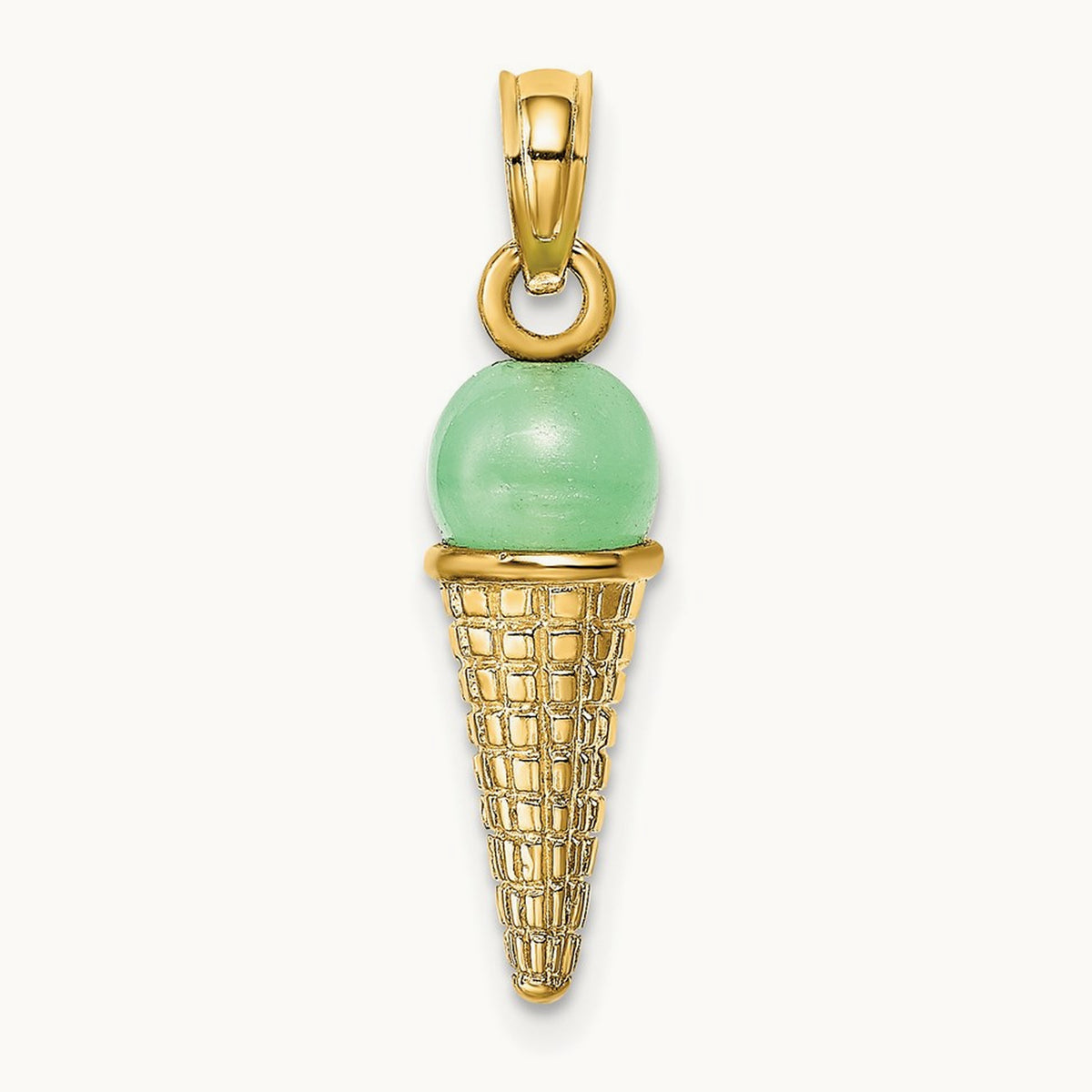Satin Polished 3D Green Bead Ice Cream Cone Pendant, 14K