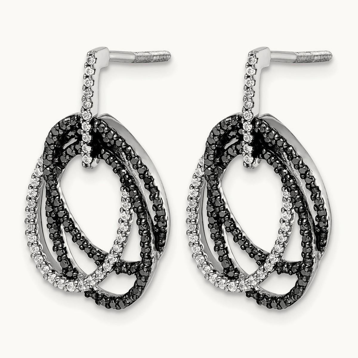 White and Black Diamond Ovals Dangle Post Earrings, 14K White Gold
