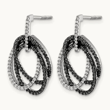 White and Black Diamond Ovals Dangle Post Earrings, 14K White Gold