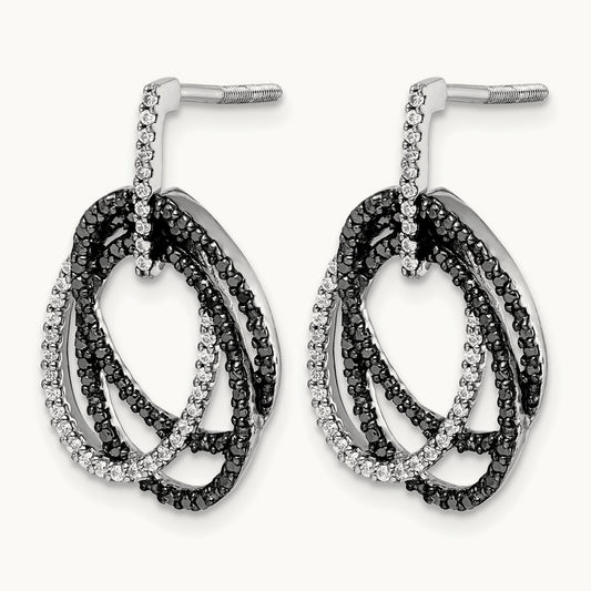 White and Black Diamond Ovals Dangle Post Earrings, 14K White Gold