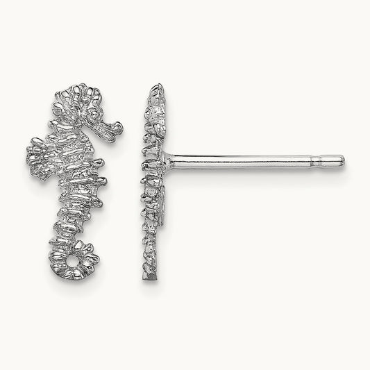 Mini Seahorse Post Earrings, 14K White Gold