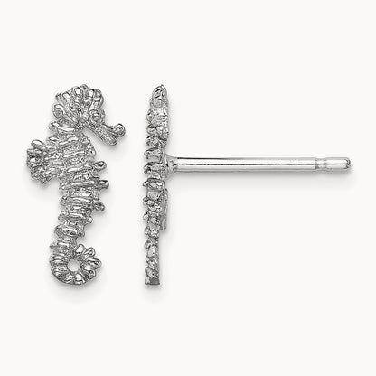 Mini Seahorse Post Earrings, 14K White Gold