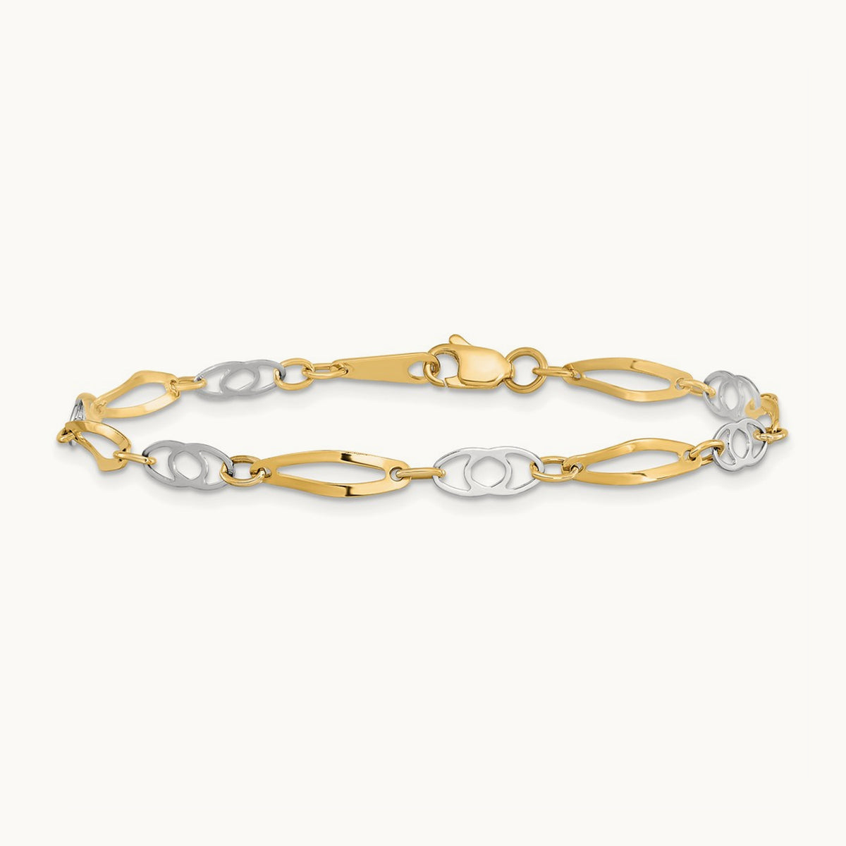 7in Polished Fancy Link Bracelet — 14K Two-Tone Gold