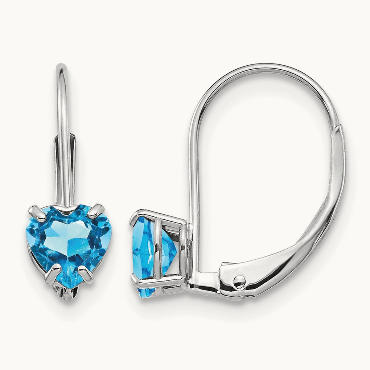 Heart Blue Topaz Leverback Earrings — 14K White Gold