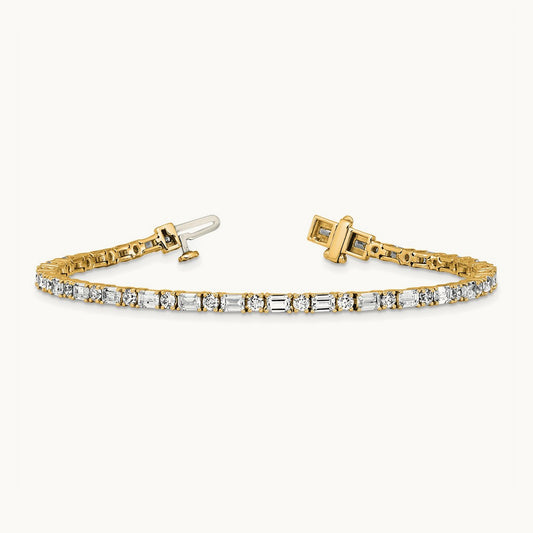 Emerald/Round Tennis Bracelet, 4.75 ct tw Lab-Grown Diamond — 14K Yellow Gold