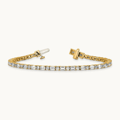 Emerald/Round Tennis Bracelet, 4.75-5.00 ct tw Lab-Grown Diamond — 14K Yellow Gold