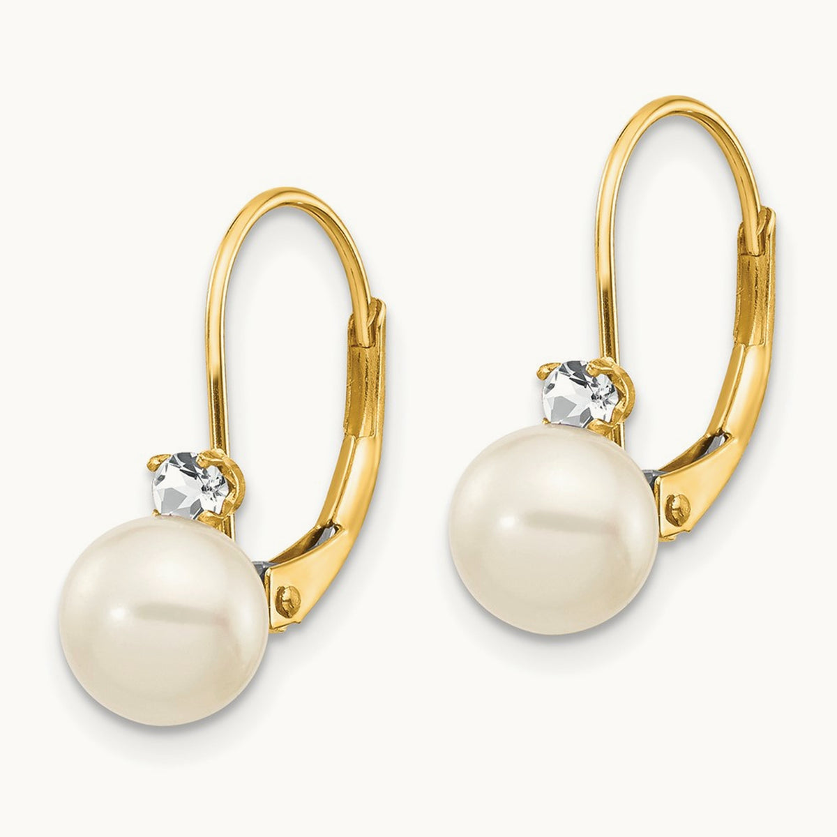 6- White Round FW Cultured Pearl AA Diamond Leverback Earrings, 7mm, 14K
